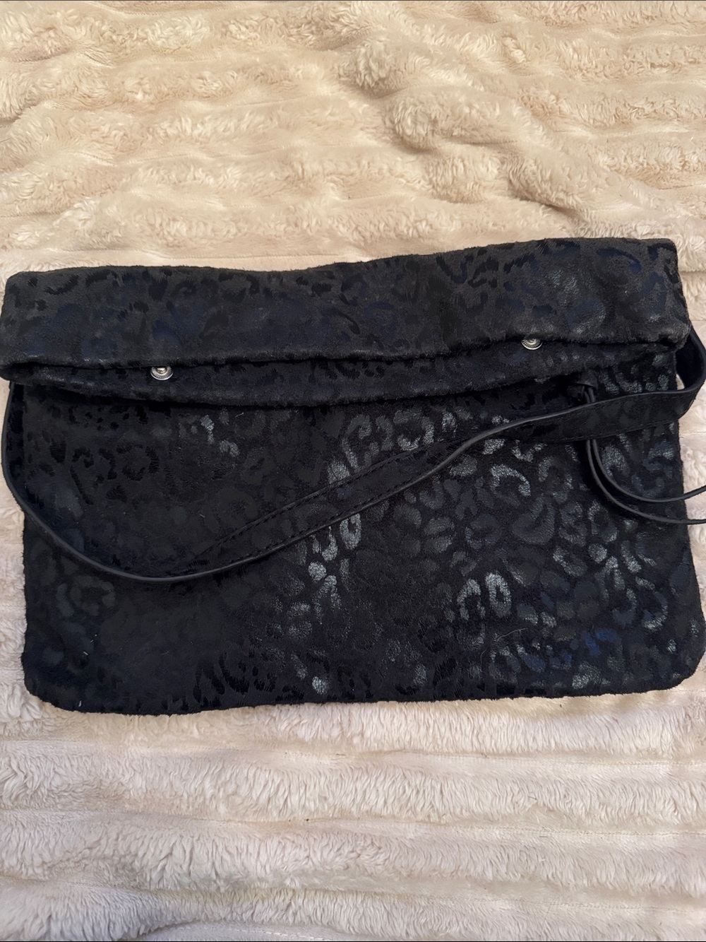 Kate Landry Black Leopard-Print Foldover Shoulder Clutch